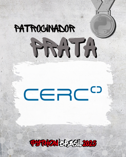 Fundo que simula um muro, com uma medalha prateada no canto superior direito.
Patrocinador Prata
A logo marca da CERC sobre tinta branca
Logo da Python Brasil 2025