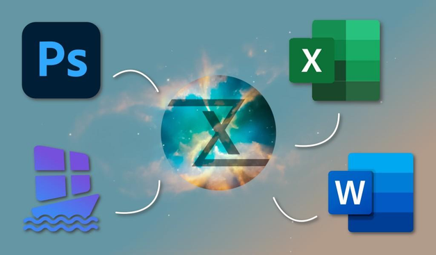 tuxedo logo and surrounded by logos of photoshop, excel, word and winboat