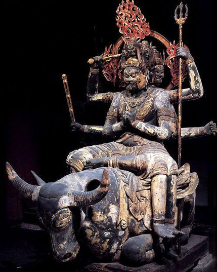 Statue of Daiitoku Myōō, To-ji, #Japan. As an incarnation of #Amida Nyorai in Esoteric Shingon #Buddhism, he has the power to abolish all evils. The Sanskrit name Yamantaka means 'those who also kill the grim reaper Yama'. He is also called Kaenma no Mikoto. With six faces, six arms and six legs, he stretches over a buffalo (divine messenger).
#BuddhistArt #Buddhism