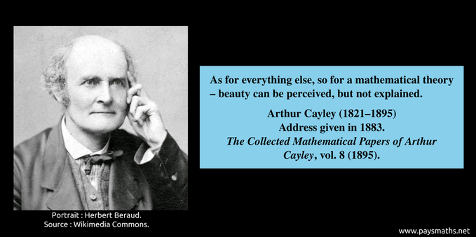 Photographic portrait of Arthur Cayley, and a quote : "As for everything else, so for a mathematical theory – beauty can be perceived, but not explained." 