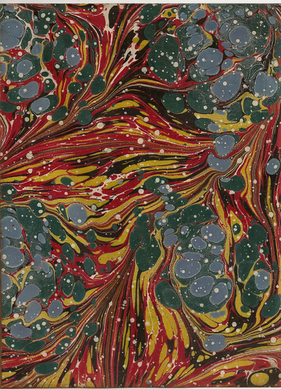 A sheet of marbled paper with swirling ink patterns.