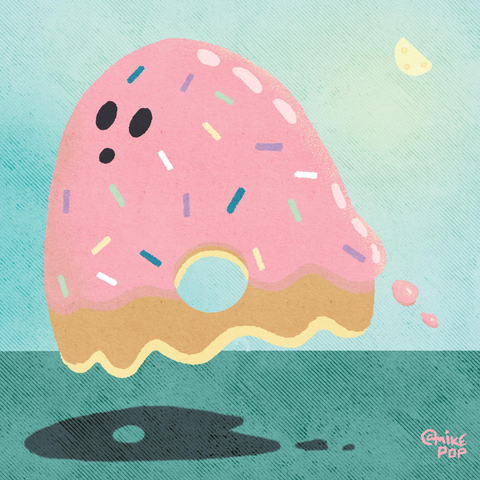 A ghost with characteristics of a pink glazed donuts with sprinkles floats through a moonlit sky. 