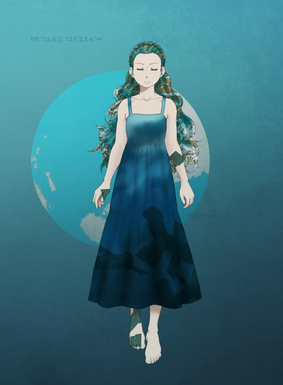 Drawing of Point Nemo depicted as human. A girl in blue dress, with shadows of old spacecraft in the hem.