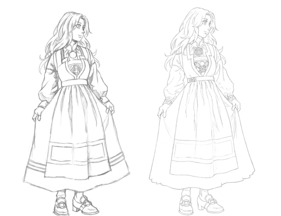 A sketch and a pencil line art of a girl wearing Norwegian folk costume