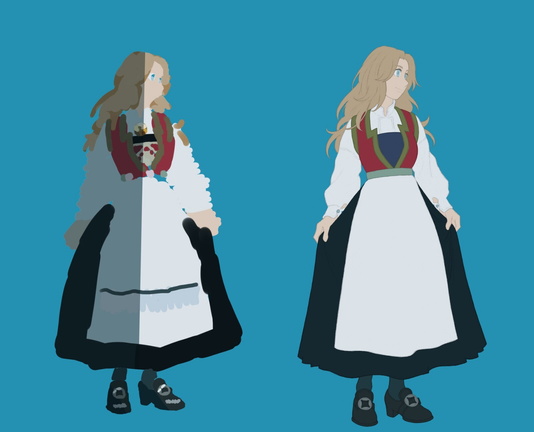 A colouring plan and the first version of the coloured line art. At this point the drawing looks like as if it has been coloured with paint bucket, but in reality I cannot use paint bucket, since the line art is pencil and therefore not very crisp and clean.