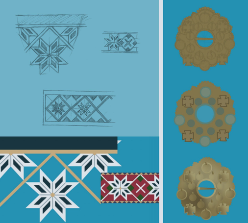 Sketches and coloured versions of the patterns and jewellery of the dress. I drew these separately.