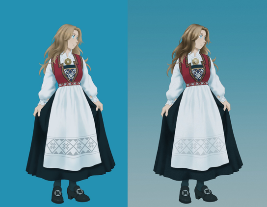 The drawing with the patterns, jewellery and shadows added. At the very end I also added textures that I had made earlier, and adjusted the contrasts. This is the finished version of the drawing of a girl wearing bunad.