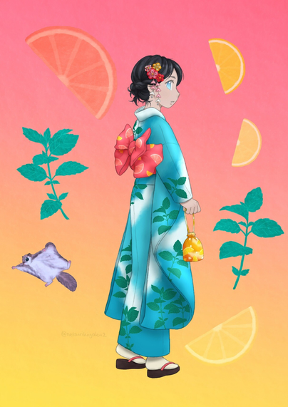 A girl is wearing a long-sleeved kimono with mint pattern. She is looking at a flying squirrel that is in midair.