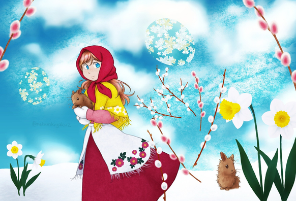 A girl dressed as an Easter witch is holding a bunny. There are willow branches and daffodils floating around.