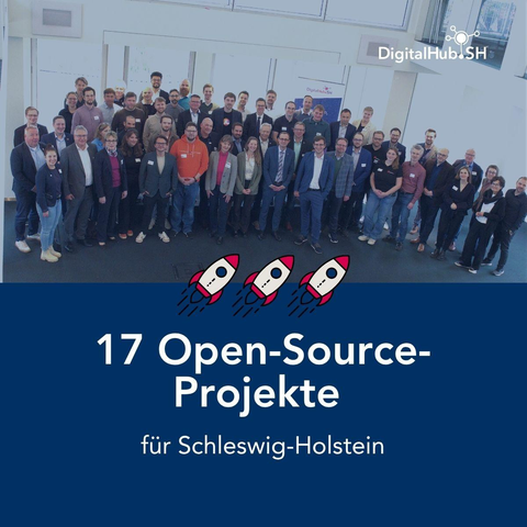 Gruppenfoto aller Teams, deren Projekte finanziert werden aus der Vogelperspektive. Dirk Schrödter als Digitalisierungsminister steht in der Mitte der Menge.