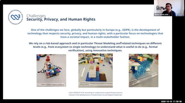 Snapshot of the video recording of Simone Onofri's presentation showing a slide about one of the challenges we face, globally but particularly in Europe, is the development of technologies that respect security, privacy and human rights.