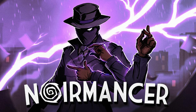 A promotional thumbnail for video game "Noirmancer". Features a masked noir-detective type-character drenched in purple light in a rainy cityscape.