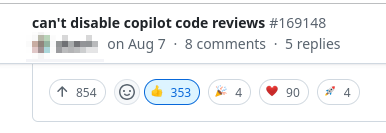 A screenshot of a github discussion titled "can't disable copilot code reviews"