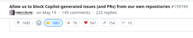 A screenshot of a github discussion titled "Allow us to block Copilot-generated issues (and PRs) from our own repositories"