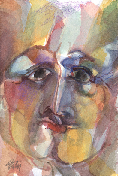 Portrait multicolor d'un homme (?) les yeux grand ouverts et la bouche tordue