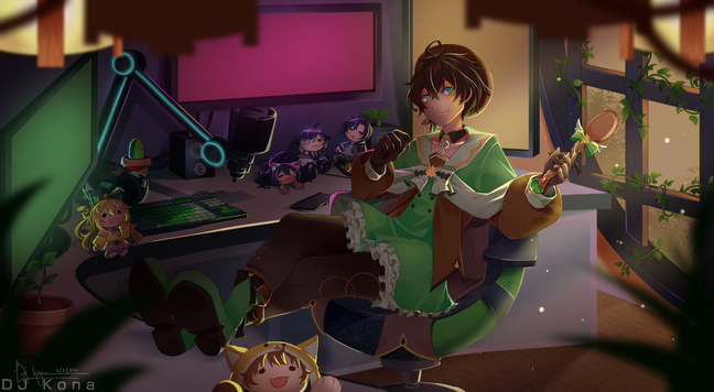 Artist: DJKona_ (twitter) |  Magical boy sitting at a desk with a streamer setup and multiple monitors
