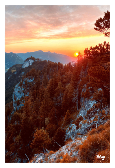 False-color sunset over a craggy cliff and forest during summer solstice.