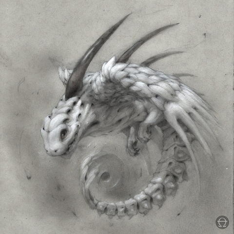 A detailed pencil and pastel drawing of a dragon rendered in grayscale.  The dragon appears skeletal, with visible bone structure forming its wings and a long, spine-covered tail.  It has prominent black spikes extending from its head.
