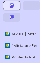A vertical tab bar; at the top are two identical Mastodon logos with no text, below that in a list are three Metafilter icons, each with textual labels to the right. 