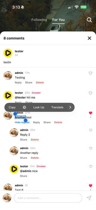 Loops mobile app comments modal showing selectable text