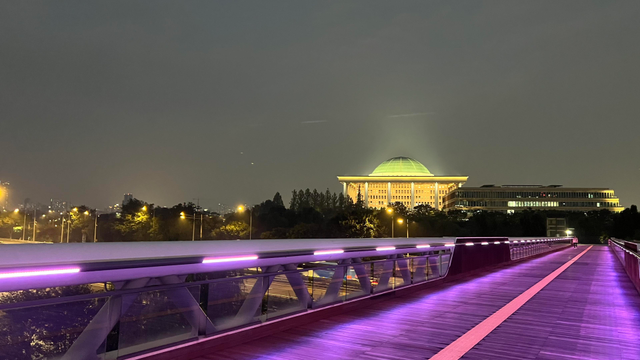 Picture taken by night. Foreground is a bridge for pedestrians with pink lights coming from the handrails. Background shows a large lighted building with columns and a green dome. 