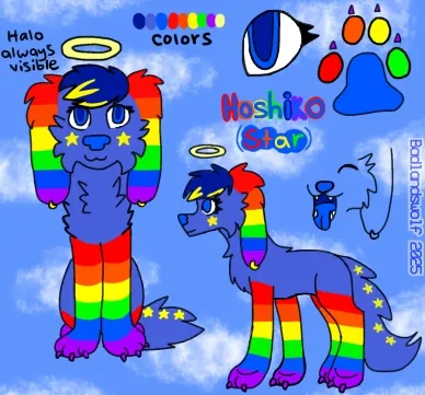 A blue and rainbow patterned dog with big floppy ears as seen from the front and the side profile. Her paw pads are blue, orange, red, and green. Her nails are purple. She has a golden halo above her head. Her tongue and nose are a deep blue like her eyes. Light yellow star shapes are beneath her eyes and across the sides of her tail. She has small hoop earrings at the bottom of each ear that are yellow.