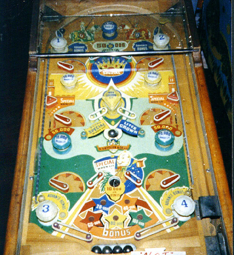 Playfield for the first machine with Flippers, Humpty Dumpty, 1947