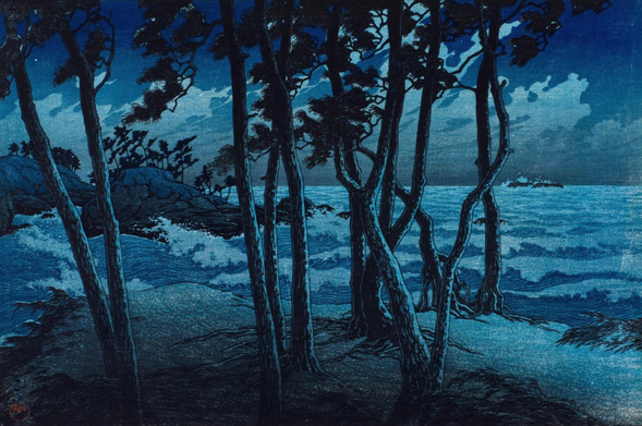 A stormy evening at the cape of Hinomisaki, in Izumo. Shadowy trees cling to the rough shoreline as waves smash against the rocks; wind whips through the branches of the trees, driving raggedy clouds across the night sky above.