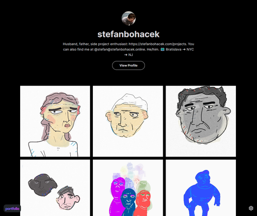 A screenshot of the linked page showing a grid of my illustrations on a dark background, with my profile image and a short blurb.