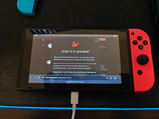 Photo of a Nintendo Switch. It shows a tab of Firefox on Android, with crab, a custom mastodon client opened.