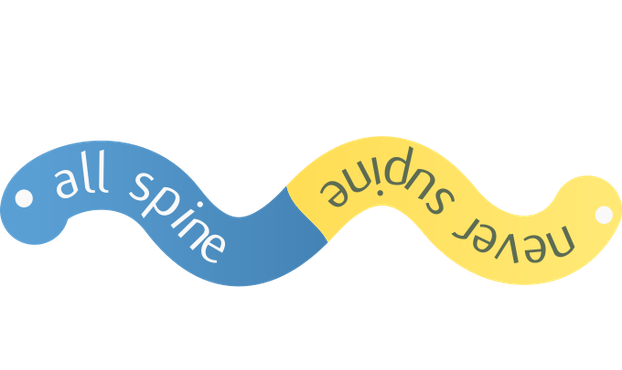 A python logo coloured two headed undulating snake with cute little eyes. The blue side on the left says "all spine" and the left side upside down says "never supine"