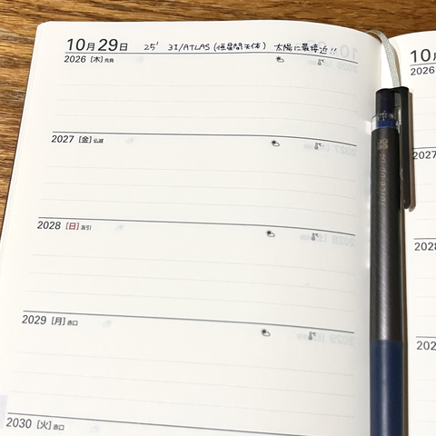 5年日記の本日の日付のページ。2026年から2030年までの5年分の日記欄が1ページに収まっている。