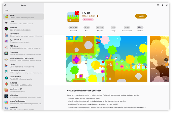 Screenshot of Bazaar, an app store, with a listing for the game ROTA. It shows all of the app store things how you would expect, including a big icon, a verified developer name, a button to support the developer, a big install button, install size, age rating, big screenshots, and a nicely formatted description. On the left is a sidebar for the search with other results for the search "rota".
