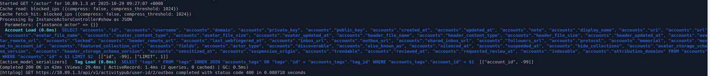 Excerpt of a mastodon log, it shows a successful connection attempt against a forgejo instance running on the https port.