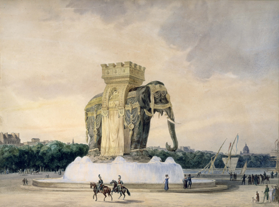 Dessin de la Fontaine de l’Éléphant sur la place de la Bastille, réalisé par Jean-Antoine Alavoine Le Chevalier entre 1809 et 1819. On y voit un éléphant monumental, richement harnaché et vu de trois quarts à droite, portant sur son dos un palanquin avec un trône d’or. L’animal repose sur un bassin entouré d’une rampe d’eau, et l’ensemble évoque le projet fastueux imaginé sous Napoléon, jamais réalisé.