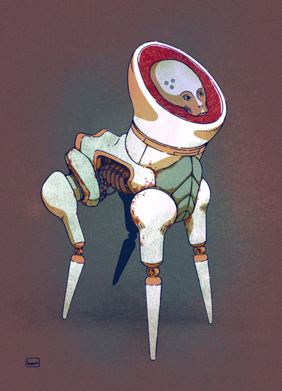 Illusration of a 4 legged robot with a humanoid organic face