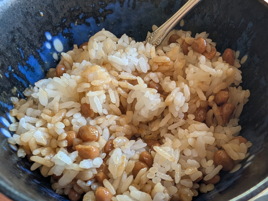 A blue bowl full of rice and fermented soy beans.