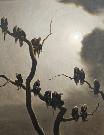 Painting of a bare tree, with skeletons, dressed in black rags, sitting along the branches, looking like a flock of crows.