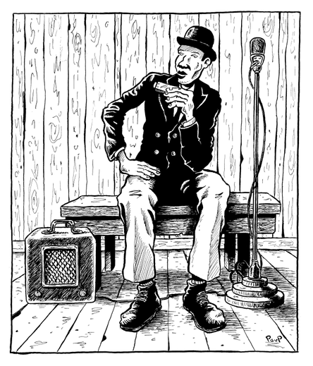 un bluesman des années 30 est assis sur un banc en bois. il porte un chapeau noir et tient un harmonica à la main. A côté de lui on voit un petit ampli et un micro.

A bluesman from the 1930s is sitting on a wooden bench. He is wearing a black hat and holding a harmonica. Next to him are a small amplifier and a microphone.