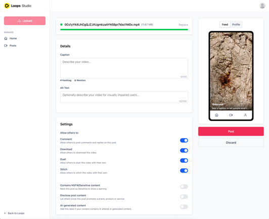 Loops Studio showing a new Alt Text input, along with new disclosure settings and preview