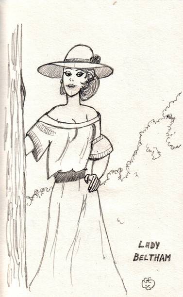 Dessin en noir et blanc au crayon représentant une dame élégante avec un large chapeau et un décolleté découvrant les épaules. La main droite posée sur un arbre et la main gauche sur la hanche. Elle s'appelle Lady Beltham, clin d'oeil à Fantômas. Le dessin est dans le style de Will.

Black and white pencil drawing depicting an elegant lady with a wide hat and a neckline revealing the shoulders. The right hand resting on a tree and the left hand on the hip. Her name is Lady Beltham, a nod to Fantômas. The drawing is in Will's style.
