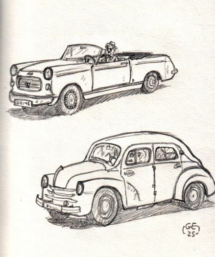 Dessins en noir et blanc et au crayon de deux modèles de voitures des années 1950-1960. 
Black and white and pencil drawings of two car models from the 1950s and 1960s.

