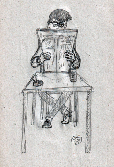 Dessin en noir et blanc et au crayon d'un personnage masculin lisant le journal attablé au café et croisant les jambes sous la table. Un verre de bière est posé à droite et un cendrier avec une cigarette fumante à gauche.

Black and white pencil drawing of a male character reading the newspaper at a coffee table and crossing his legs under the table. A glass of beer is placed on the right and an ashtray with a smoking cigarette on the left.