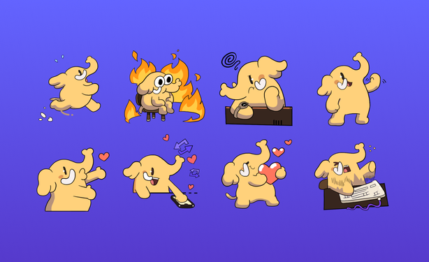 A purple image with a number of cute Mastodon mascots in a series of poses (running, this is fine, waiting, waving, greeting, boosting, liking, and typing)