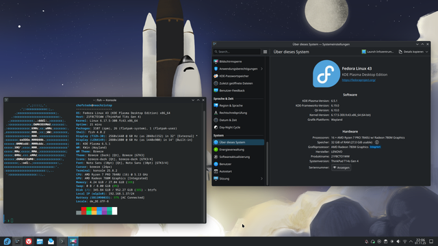 KDE Plasma Desktop with Konsole open, showing system information via fastfetch