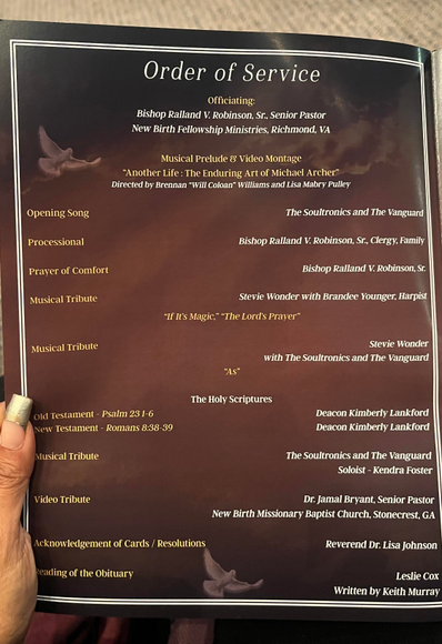 Order of Service for a memorial event, officiated by Bishop Ralland V. Robinson, Sr. Includes musical prelude, tributes, readings from the Old and New Testament, and acknowledgments. Features performances by The Soultronics and The Vanguard. 