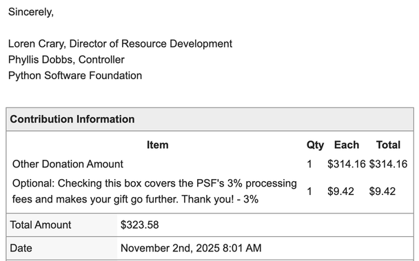 Donation of $314.16 plus the 3% fee.