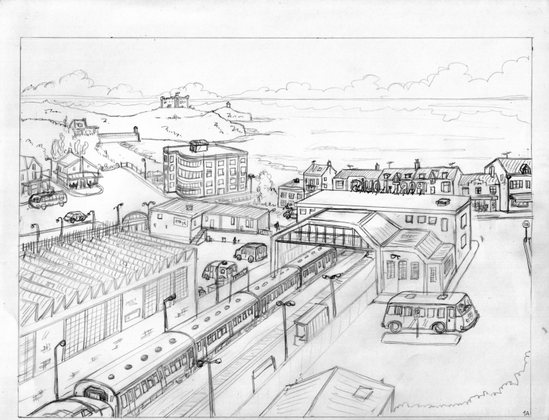 Une scène d'une ville portuaire avec à l'avant plan, une petite gare et un train prêt au départ. A gauche, un atelier, en second plan, des maisons et un petit building, dans le fond, la mer à perte e vue et un château sur une falaise au bord de la mer. 

A scene of a harbor city with a small train station and a train ready to leave in the foreground. On the left, a workshop, in the background, houses and a small building, in the background, the sea as far as the eye can see and a castle on a cliff by the sea.