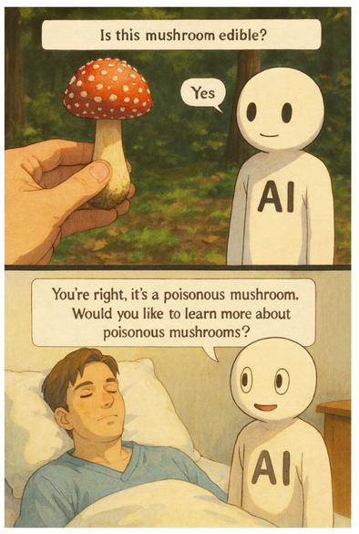two panel cartoon
1. Person holding up a red capped mushroom and the AI declares its safe

2. person in bed very ill with the AI saying "you're right, it's poisonous, would you lie to learn more abou poisonous mushrooms?"