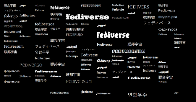 The word "fediverse" translated into multiple languages, laid out in a large grid, written in various fonts and font sizes, in white color on a black background.